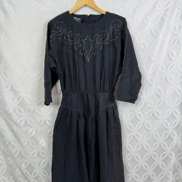 PG‎ Collections Western Style Black Denim Dress with White Embroidery Size 10 - Picture 11 of 14